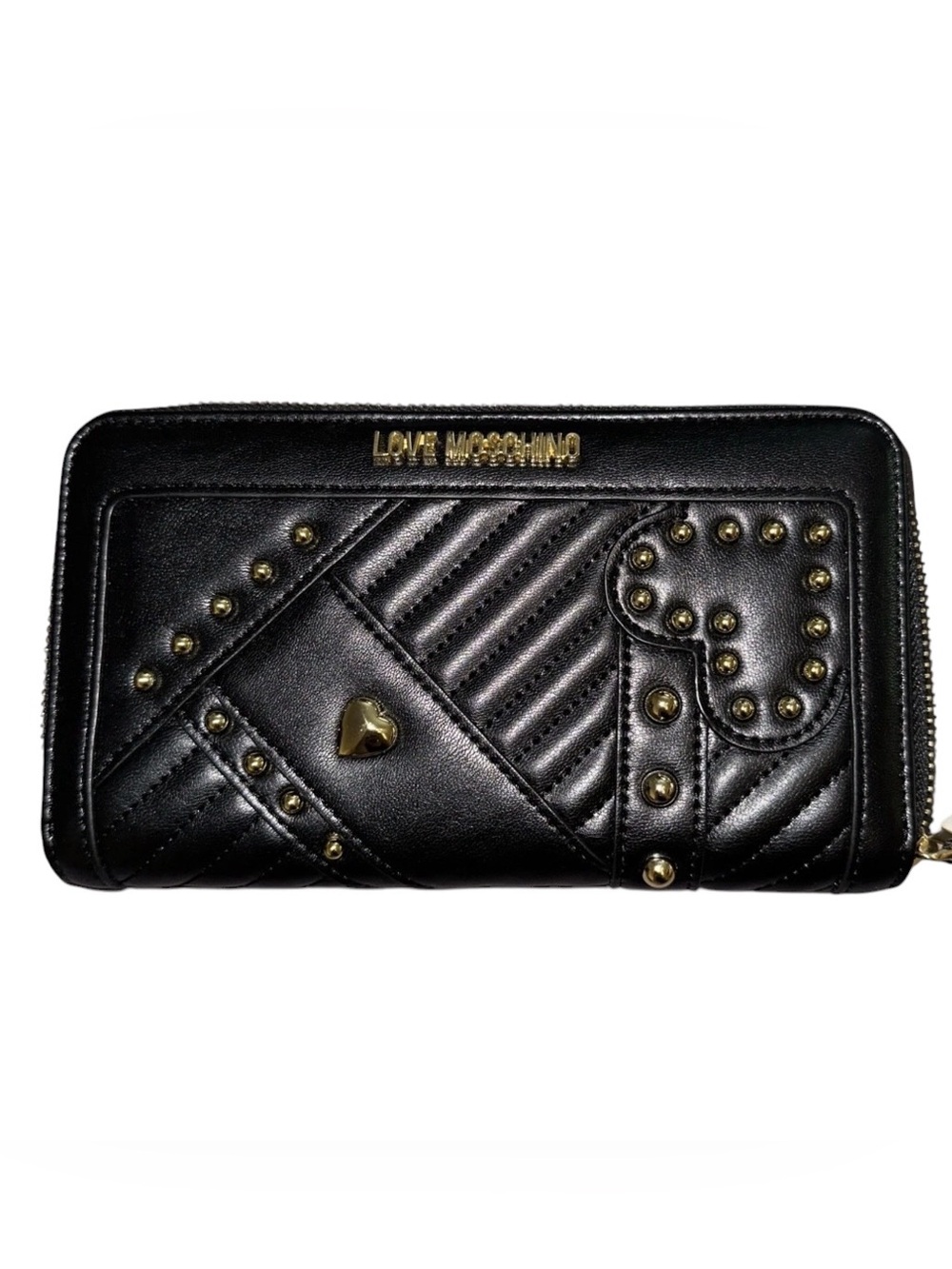 LOVE MOSCHINO BLACK QUILTED GOLD STUDS HEART
FULL ZIP WALLET NWT